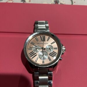 Michael Kors Silver Watch with Rose Gold Dial and Chronograph